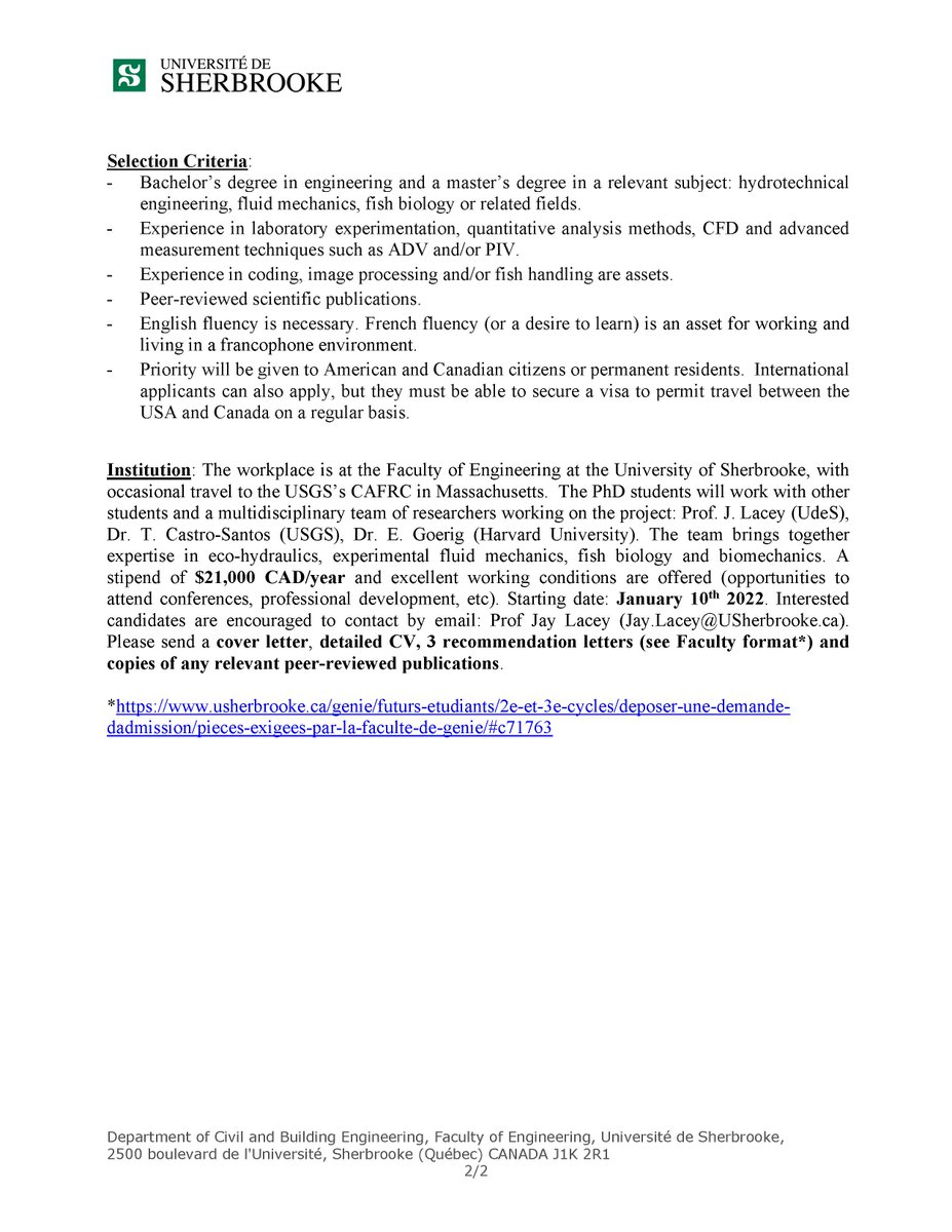 Looking for 2 PhD students in ecohydraulics!
#biomechanics #turbulence #lamprey #selectivepassage