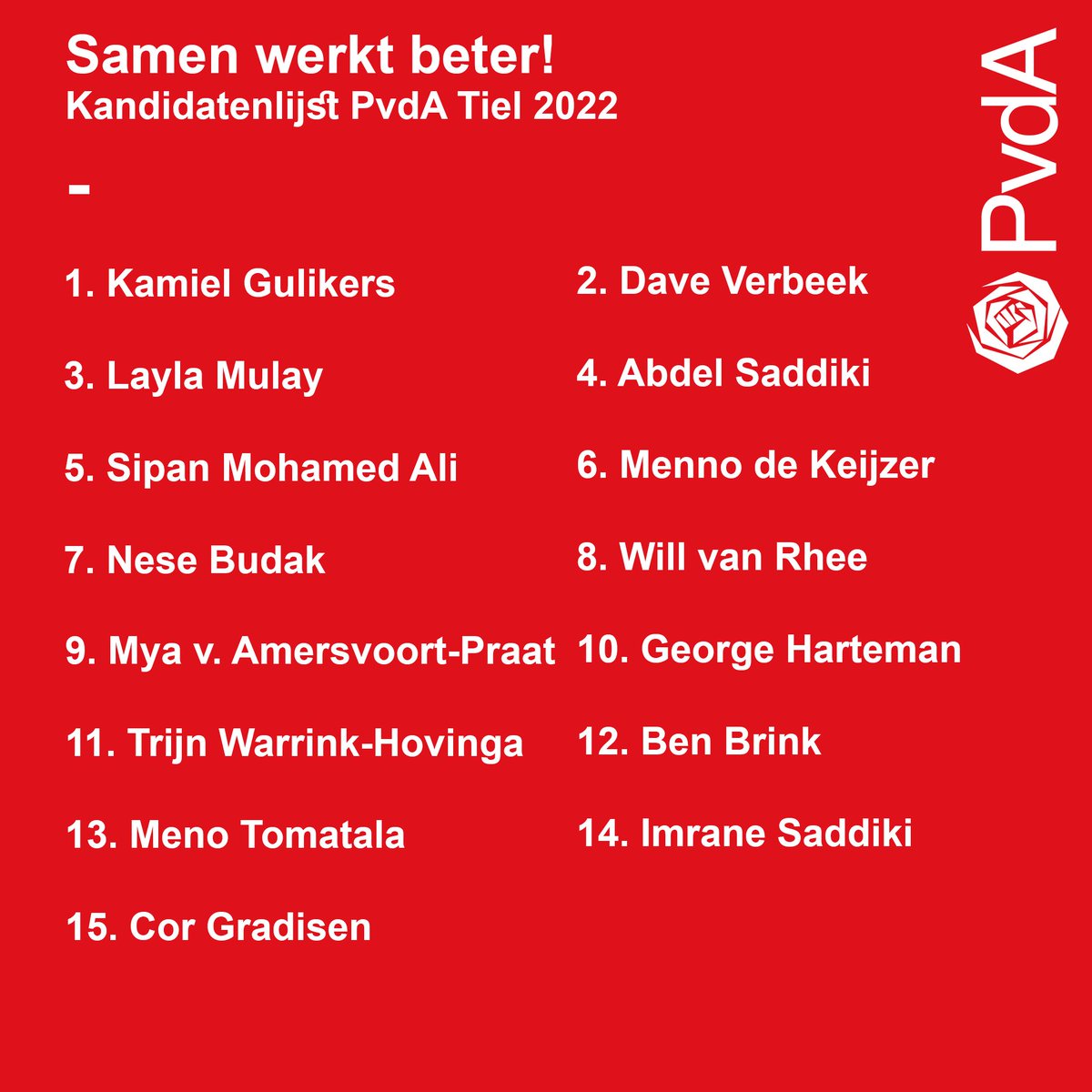 De PvdA Tiel presenteert met trots haar kandidatenlijst voor de gemeenteraadsverkiezingen. @KamielG leidt de lijst, geflankeerd door <a href="/DaveVerbeek/">Dave Verbeek</a>, Layla Mulay, <a href="/AbdelSaddiki/"> Abdel Saddiki</a>, Sipan Mohamed Ali, Menno de Keijer en Nese Budak.