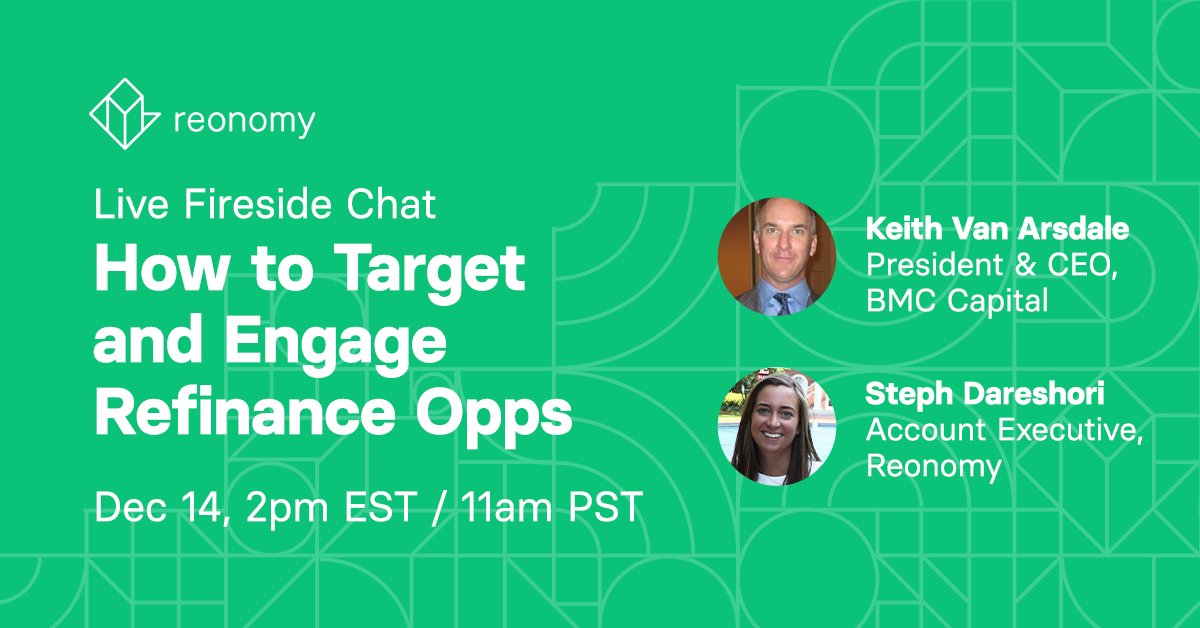 Interested in hearing about how you can target and engage refinance opps based on a current lender? Tune in at 2PM ET on 12/14 and hear the live fireside chat with leaders from @BMCCapitalLP and @reonomy. Register: info.reonomy.com/engage-refinan…