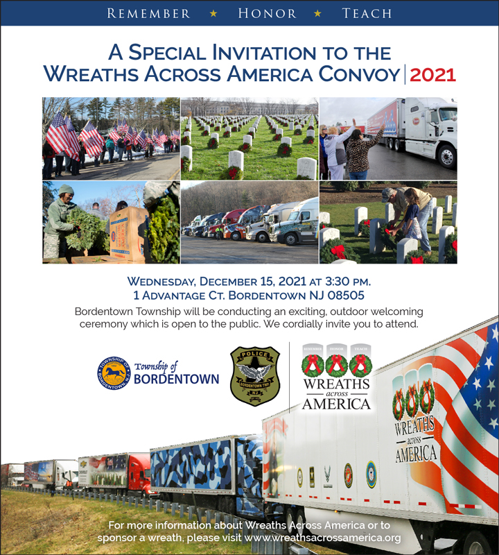 Bordentown Township is honored to host the Wreaths Across America Convoy with an outdoor welcome ceremony on Wednesday, December 15 at 3:30 p.m. at 1 Advantage Court. #WreathsAcrossAmerica #BordentownTwp