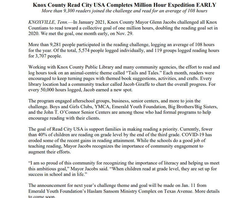 KnoxGov's tweet image. Knox County @ReadCityUSA completes Million Hour Expedition early.

In January 2021, Knox County @GlennJacobsTN challenged all Knox Countians to read toward a collective goal of one million hours, doubling the reading goal set in 2020. We met the goal, one month early, on Nov. 29.