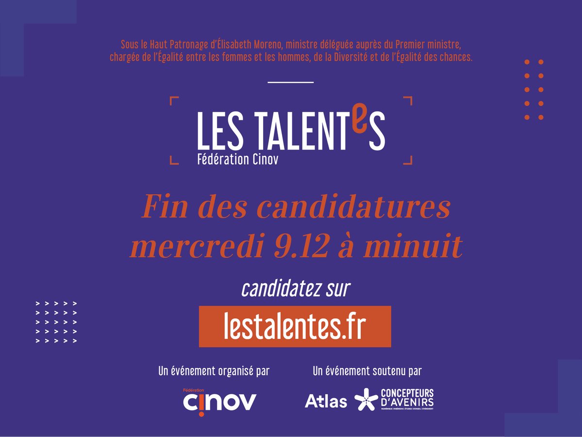 Concepteurs d'Avenirs (@conceptdavenirs) on Twitter photo 🏆 Trophées Les Talentes, la fin des candidatures, c'est DEMAIN le 09/12 à minuit ! 😵
Alors n'attendez plus pour valoriser votre parcours, inspirer les jeunes générations, et tenter de remporter un trophée ! 
👉 lestalentes.fr
@FederationCINOV 🏆 Trophées Les Talentes, la fin des candidatures, c'est DEMAIN le 09/12 à minuit ! 😵
Alors n'attendez plus pour valoriser votre parcours, inspirer les jeunes générations, et tenter de remporter un trophée ! 
👉 lestalentes.fr
@FederationCINOV