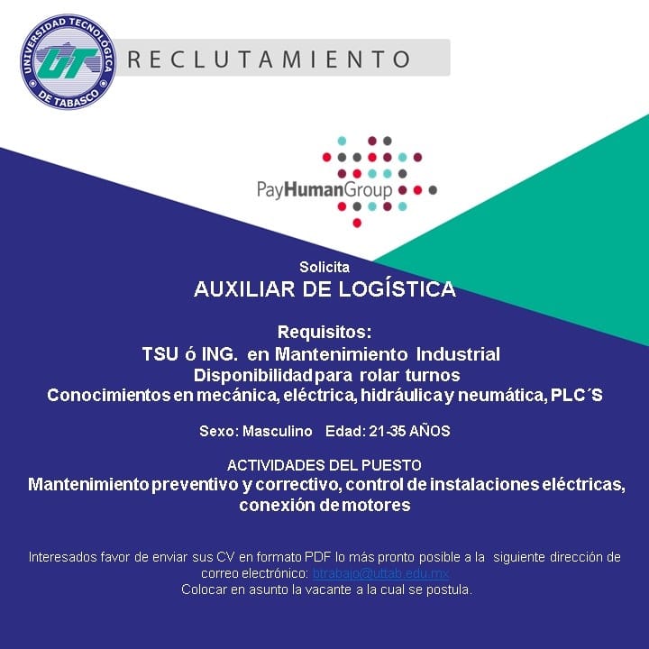 UTTAB's tweet photo. 👉🏼 OPORTUNIDAD DE EMPLEO PARA EGRESADOS DE TSU O ING. EN MANTENIMIENTO INDUSTRIAL 👩🏻‍🏭👨🏼‍🏭 https://t.co/TLAAvsFvzT