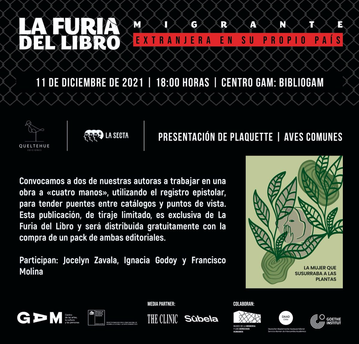 Queltehuedicion's tweet photo. Este sábado 11 de diciembre a las 18:00 horas presentaremos el plaquette La mujer que susurraba a las plantas, título número 1 de la colección Aves Comunes ✨. Participan @JOCESORA @lasectaed Ignacia Godoy y Francisco Molina. Más información en @lafuriadellibro ⬇️ https://t.co/s0flzcoogT