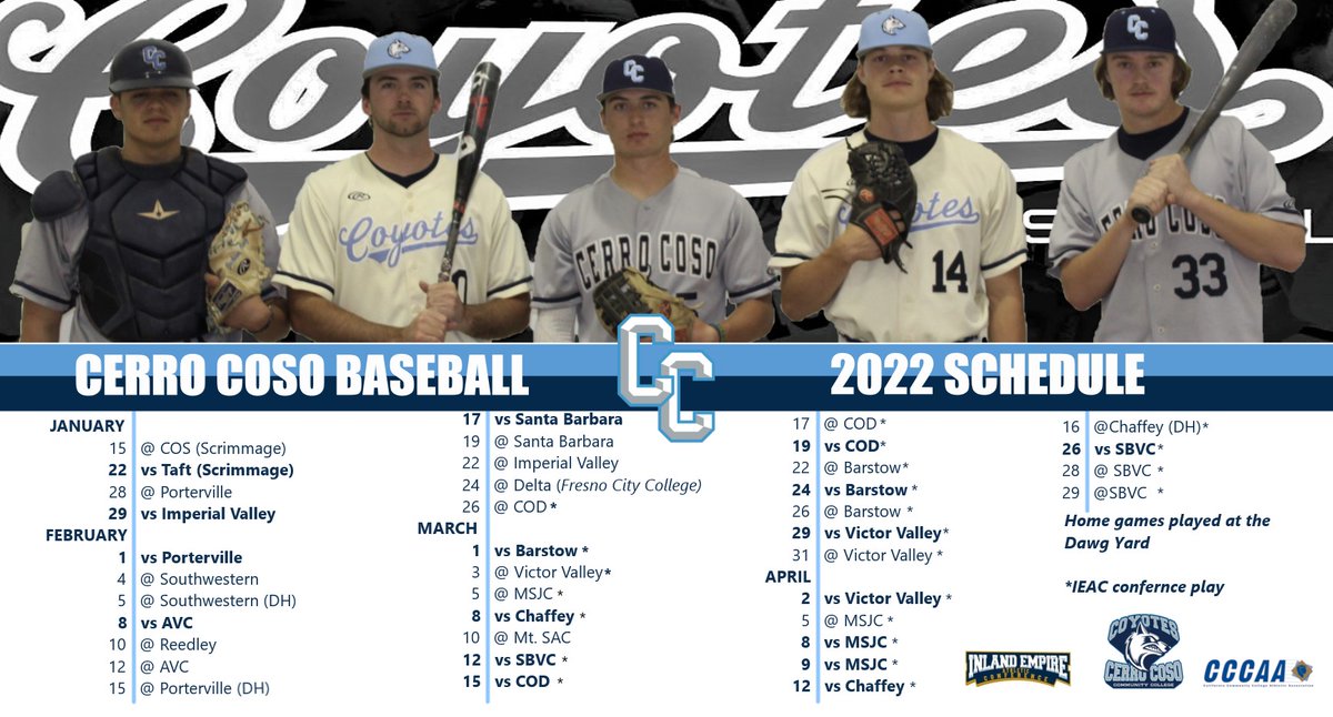 🚨 SCHEDULE RELEASE 🚨
2022 Coso Baseball Schedule is announced. The boys in blue are prepped for a strong spring campaign. cerrocoso.prestosports.com/sports/bsb/202… 
<a href="/ieacsports/">ieacsports</a> @CCCAASports <a href="/CosoBaseball/">CosoBaseball</a> 
#HowlYes #MakeYourMark