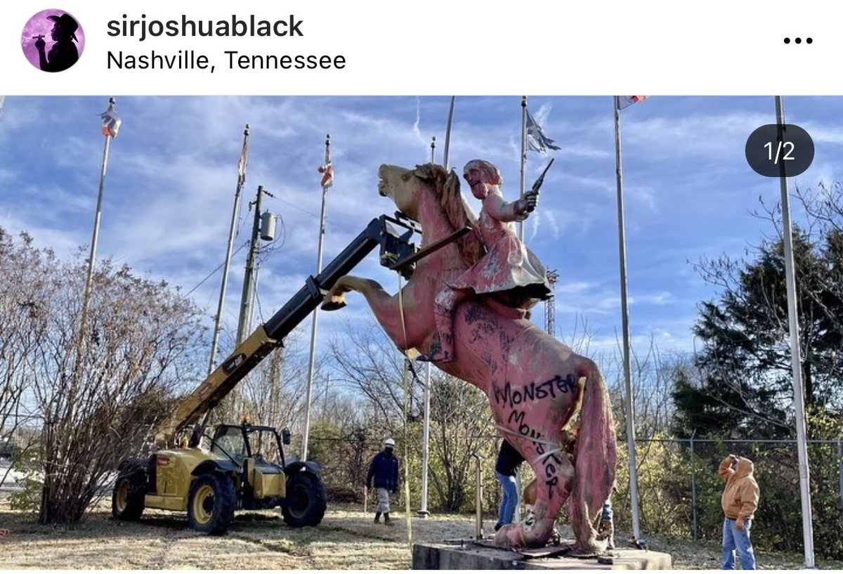 Here’s a shot of the hideous I-65 KKK Grand Wizard statue just south of Nashville - built by a slavery defender, defended by Republicans - on its side, removed. Progress. (H/T <a href="/SirJoshuaBlack/">Josh Black</a>)