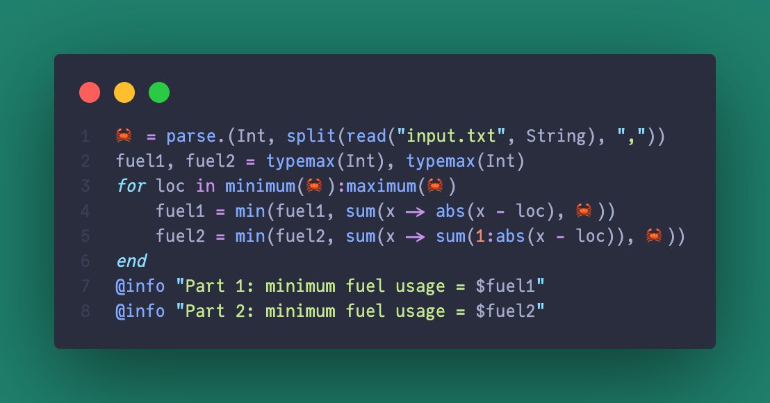jbsecon's tweet photo. Day 7 solution for #AdventOfCode2021. Embrace the emojis! 🦀 https://t.co/wPIhEsJgbI