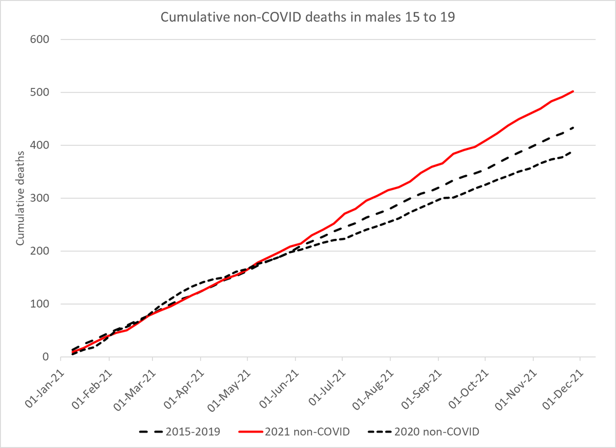 If the rise in deaths in 15-19 yr old males was random, you would expect it start to drift back towards last year's level (as the female deaths do). 

346 deaths in males 15-19 since May. That's 122 more than this time last year.