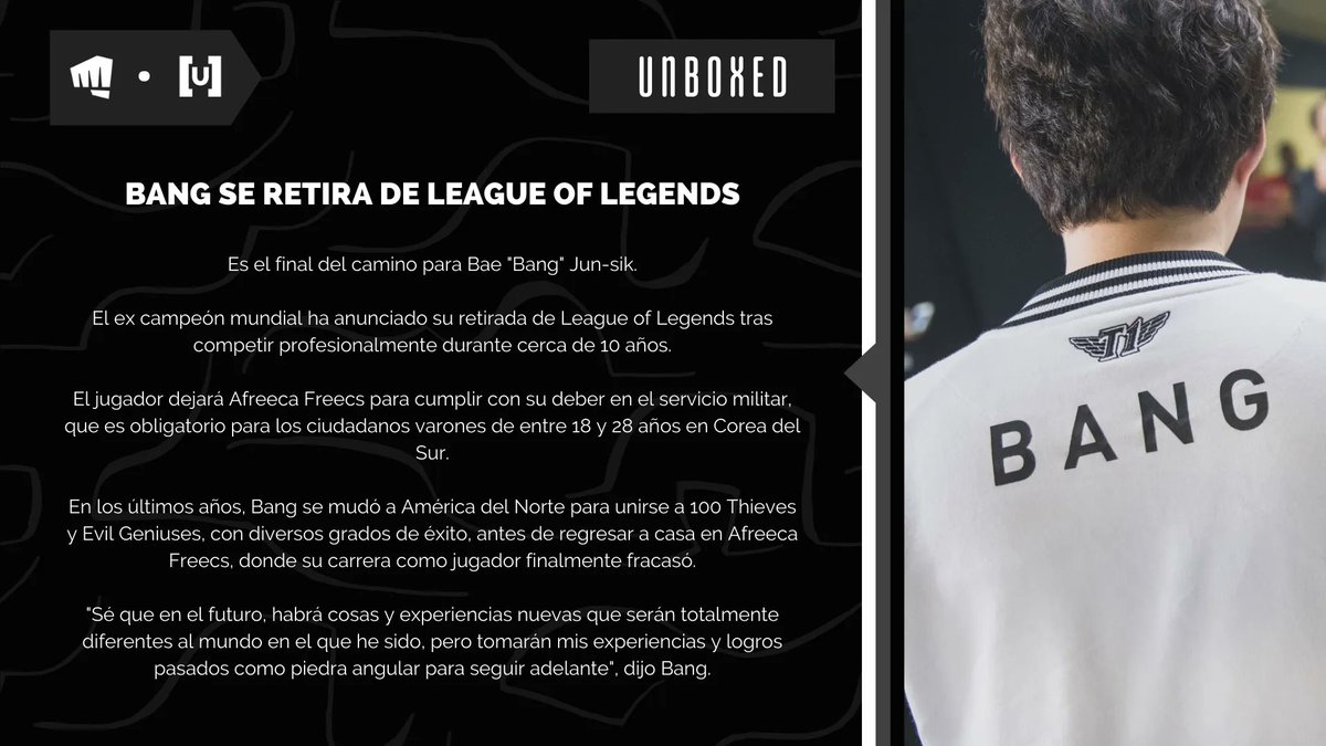 #UXRec | #Bang se retira oficialmente del #Leagueoflegends 😢