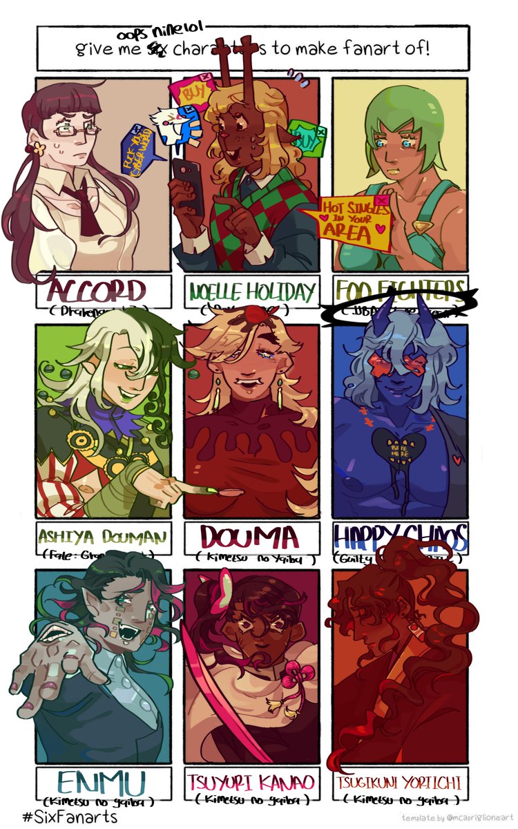 ended up doing nine bc i wanted to do a balance of self-indulgent characters and characters i never draw before :-P thank you everyone who sent in requests!!

does this still count as #SixFanarts oops https://t.co/dwm8zLTxqJ 