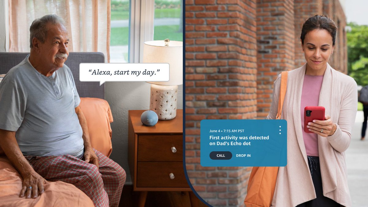 A father using an Echo dot in his home with the blurb "Alexa, start my day," and a daughter reading a notification on her phone that says "First activity was detected on Dad's Echo dot."