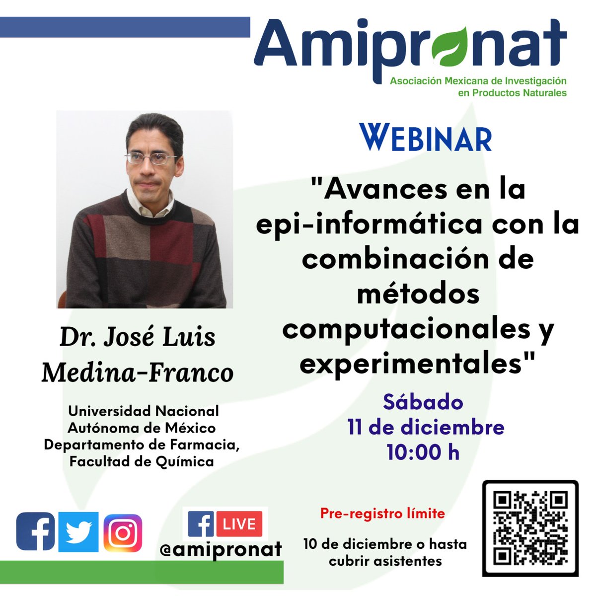 #webinar #Amipronat #chemoinformatics 
📣 La Amipronat los invita a participar en el webinar "Avances en la epi-informática con la combinación de métodos computacionales y experimentales” por el Dr. José Luis Medina-Franco UNAM <a href="/difacquim/">José L Medina-Franco</a>, este 11 de diciembre a las 10:00 h. 📣