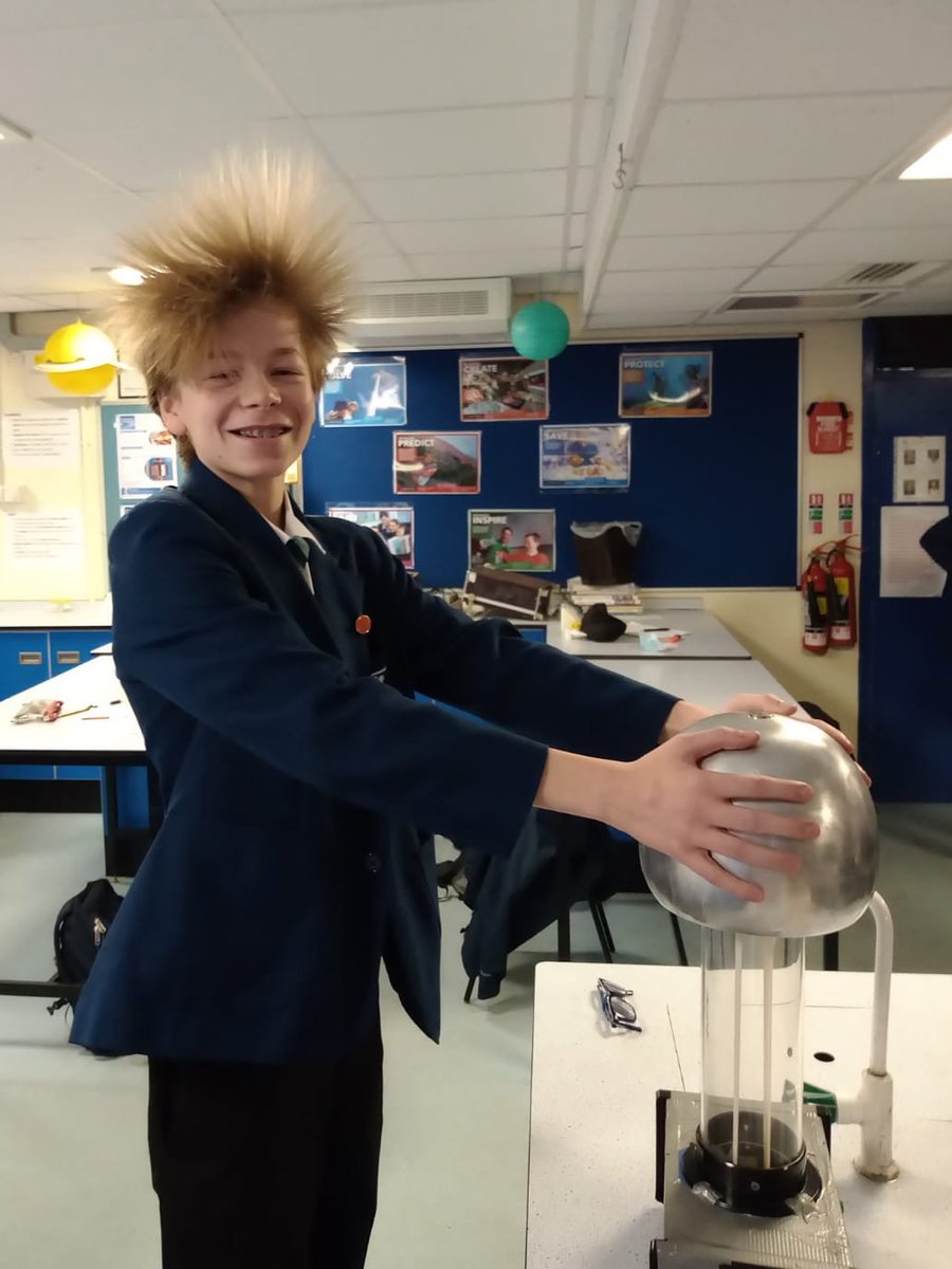 Best results in 20 years! Mathew's hairs repelling each other by having the same electrostatic charge. Part of our Year 10 Physics curriculum.