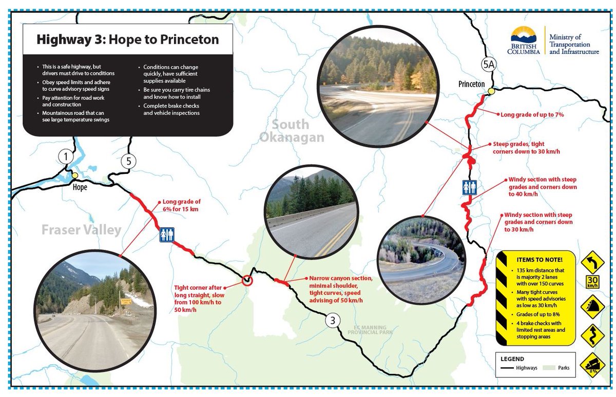 DriveBC's tweet photo. ⚠️ IMPORTANT INFO for those travelling on #BCHwy3 between #HopeBC and #PrincetonBC. The vital route is open for essential travel only and is seeing increased use while crews work on the other closed routes affected by the #BCStorm. Map below via @TranBC ⚠️ https://t.co/bFKvjOIoSF