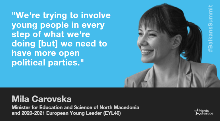 .@mila_carovska, 🇲🇰 Minister for Education and Science and @EYL40, discusses what measures #education can take to give opportunities to women and young people to participate in politics. #BalkansSummit