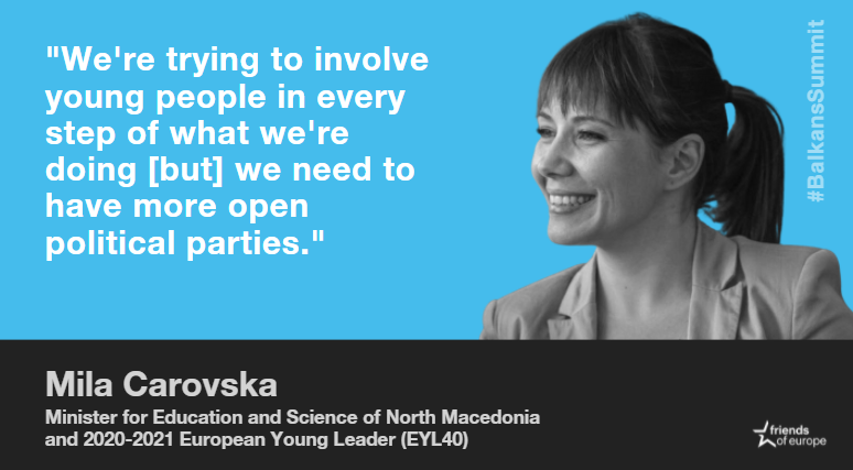 Friends of Europe (@friendsofeurope) on Twitter photo .<a href="/mila_carovska/">Mila Carovska</a>, 🇲🇰 Minister for Education and Science and @EYL40, discusses what measures #education can take to give opportunities to women and young people to participate in politics. #BalkansSummit .<a href="/mila_carovska/">Mila Carovska</a>, 🇲🇰 Minister for Education and Science and @EYL40, discusses what measures #education can take to give opportunities to women and young people to participate in politics. #BalkansSummit