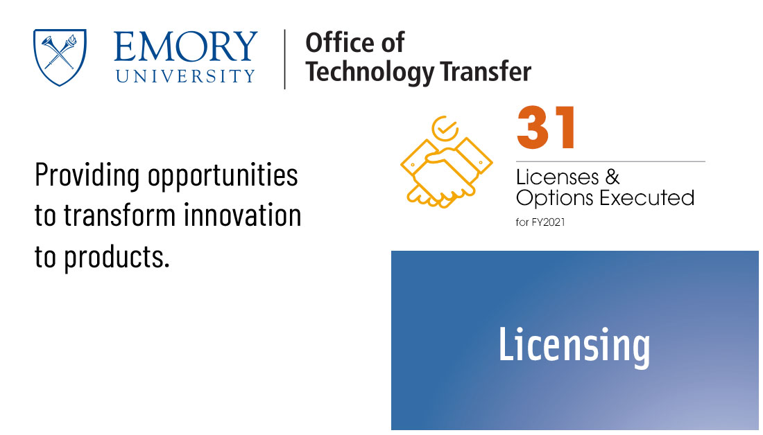 EmoryOTT's tweet image. In FY 2021, Emory OTT executed 31 licenses and options! #TechTransfer