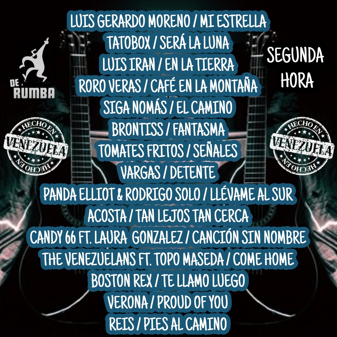 Martes Hecho en Venezuela, en la segunda hora sonarán:
Luis G.Moreno + <a href="/Tatobox/">Eduardo Tato Cedeño</a> <a href="/LuisIran/">Luis Irán</a> <a href="/RoroVeraS/">Rodrigo Vera Sapene 🐢</a> +SiganoMás+ <a href="/BrontissOficial/">BRÖNTISS_OFICIAL</a> <a href="/tomatesfritos/">Tomates Fritos</a> <a href="/vargasmusica/">VARGAS</a> <a href="/pandaelliot/">Panda Elliot</a> <a href="/Acosta_Official/">AcostA | A la Izquierda del Dial & El Podcast de B</a> <a href="/Candy66oficial/">Candy66</a> <a href="/thevenezuelans/">The Venezuelans</a> <a href="/bostonrex/">💀 boston rex</a> <a href="/veronamusic/">Verona</a> <a href="/reismusicanueva/">REIS</a> #hechoenvenezuela