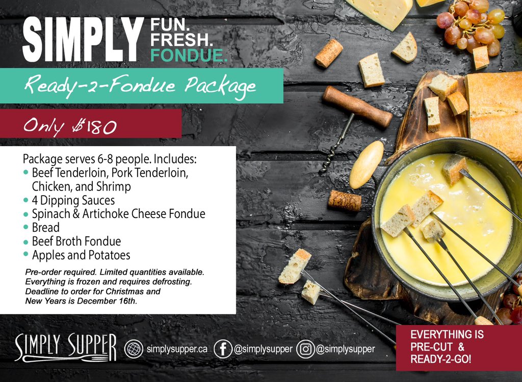 Who’s Ready-2-Fondue? 

Back by popular demand, our fondue package is the perfect way to celebrate the holidays, ring in the new year, or enjoy with friends!

Serves 6-8 people, all the prep work is done...all you have to do is the "cooking"!
#yegchristmas #yegfood 
.
.