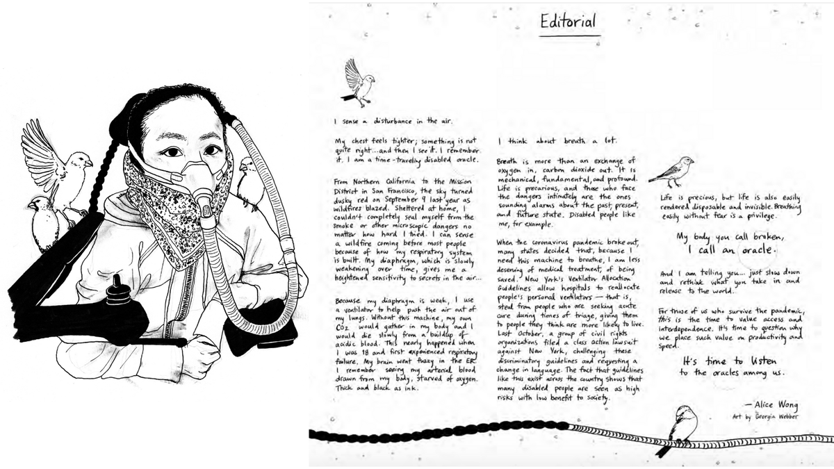 SFdirewolf's tweet photo. Thank you @orion_magazine for publishing my guest editorial in their latest issue, “Bodies of Nature: Survival Lessons from Disabled Communities.” 

I love the artwork by Georgia Webber featuring my ventilator tubing &amp; canaries. She sent me a portrait too! 

#HighRiskCOVID19 https://t.co/E3XcEPY8v2