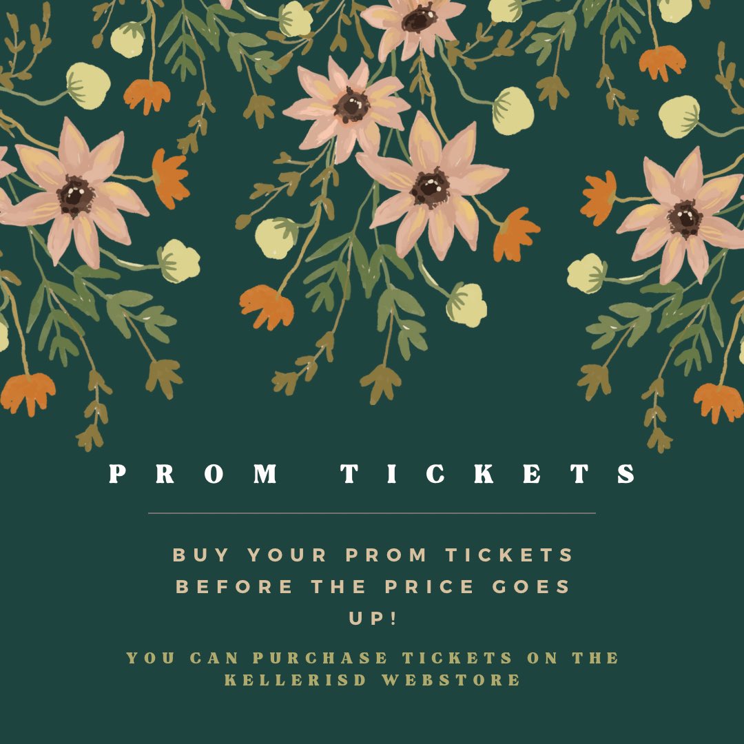 seniors!! buy your prom tickets now!!

tickets are available on the kellerisd webstore!!

tickets prices will go up after spring break so be sure to buy them early!!

link to kellerisd webstore in bio
