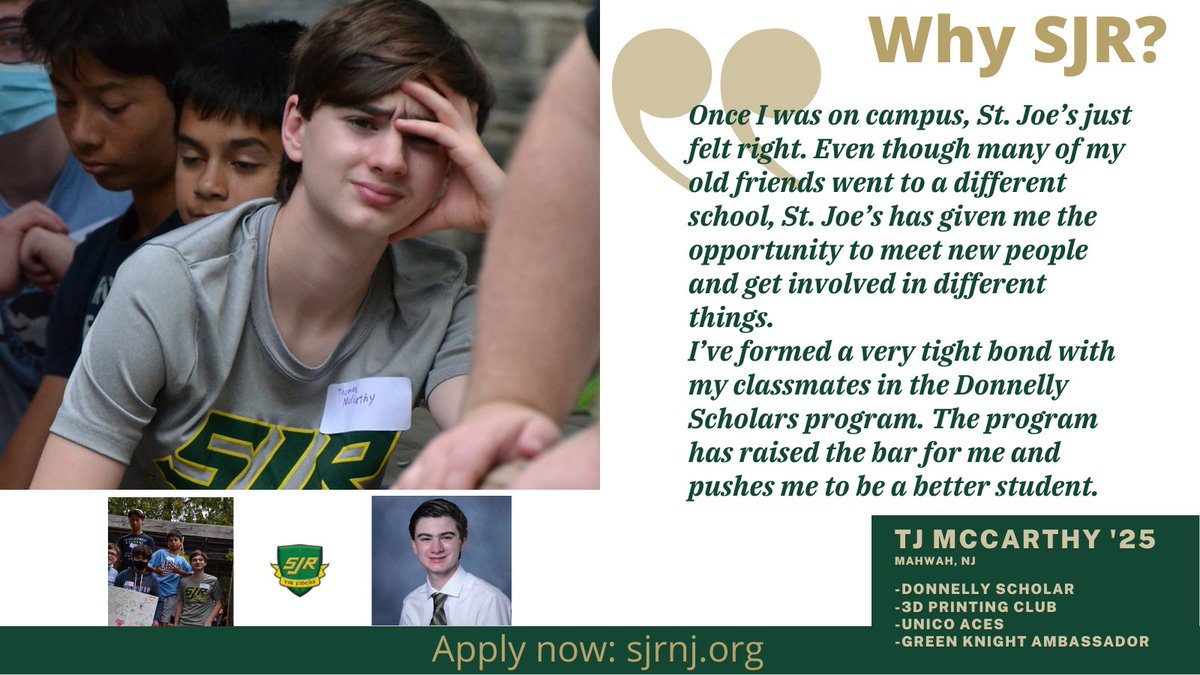 SJRHighSchool's tweet photo. Why SJR?

TJ McCarthy '25 has embraced the challenge of our Donnelly Scholars program. #SJRClassof26 #GreenKnights

Apply now: https://t.co/Fz0IJmCGeL https://t.co/fzUNIYW9yz