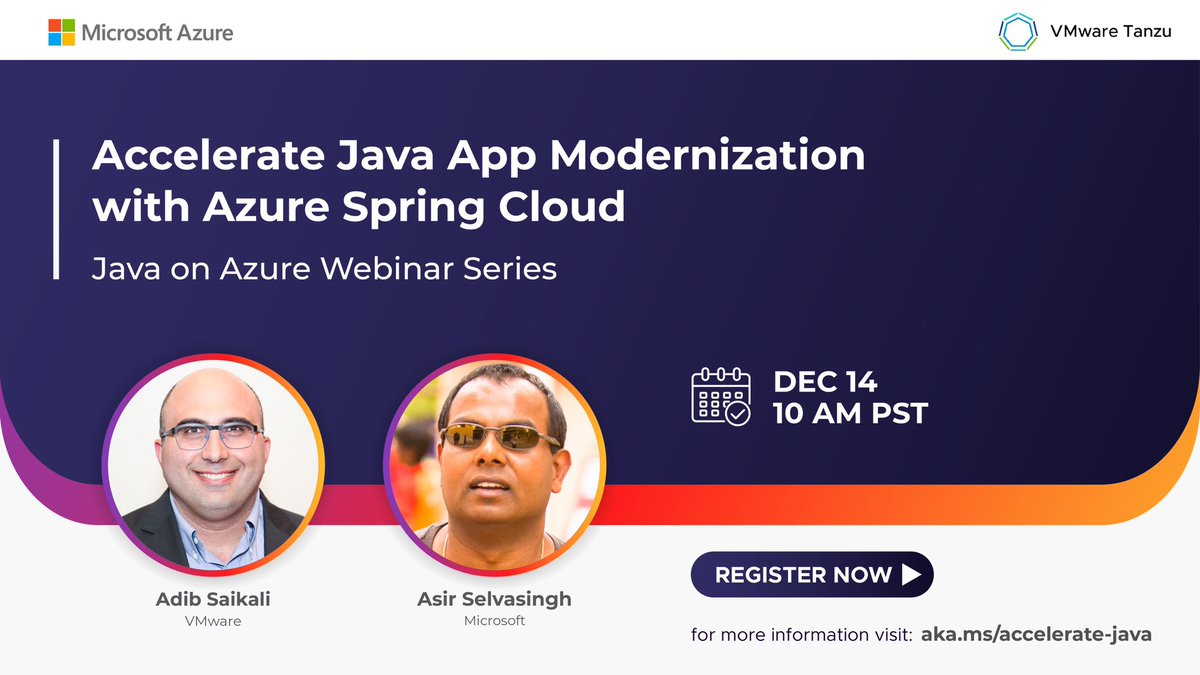 asirselvasingh's tweet photo. Azure Spring Cloud scales #SpringBoot apps to billions of requests per day without the hassle of managing infrastructure. See it in action and hear how you can accelerate #Java app modernization projects in this webinar.

Register now - https://t.co/VixpuRO2M2 https://t.co/6kds8Jt3I9