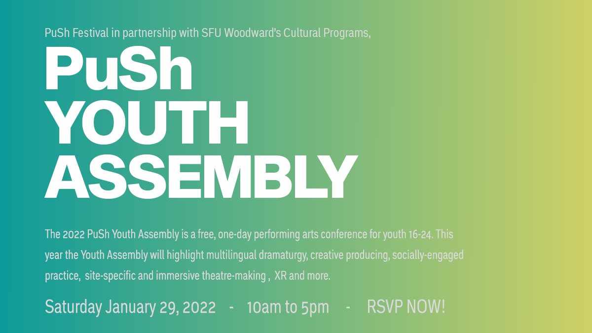 PuSh Festival (@pushfestival) on Twitter photo 🗓️ SAVE THE DATE! PuSh Youth Assembly is happening on January 29, 2022.
The PuSh Youth Assembly is a free, one-day performing arts conference for youth ages 16-24. RSVP and learn more at ow.ly/Z3Ac50H4LXO
<a href="/solidstate_coop/">Solid State Community Industries</a> #LIVEPuSh #PuSh2022 #PuShYouthAssembly 🗓️ SAVE THE DATE! PuSh Youth Assembly is happening on January 29, 2022.
The PuSh Youth Assembly is a free, one-day performing arts conference for youth ages 16-24. RSVP and learn more at ow.ly/Z3Ac50H4LXO
<a href="/solidstate_coop/">Solid State Community Industries</a> #LIVEPuSh #PuSh2022 #PuShYouthAssembly