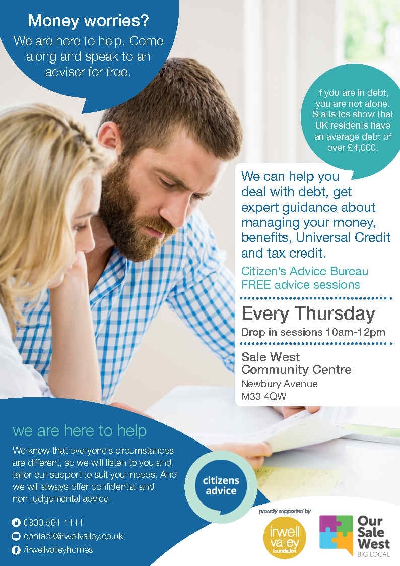 irwellvalley's tweet photo. Money worries? We are here to help. Come along to speak to an adviser for free this Thursday 9th December 10am - 12 noon at The Sale West Community Centre, Newbury Avenue, M33 4QW #citizensadvice #dropinsessions https://t.co/kazVlIg2hr