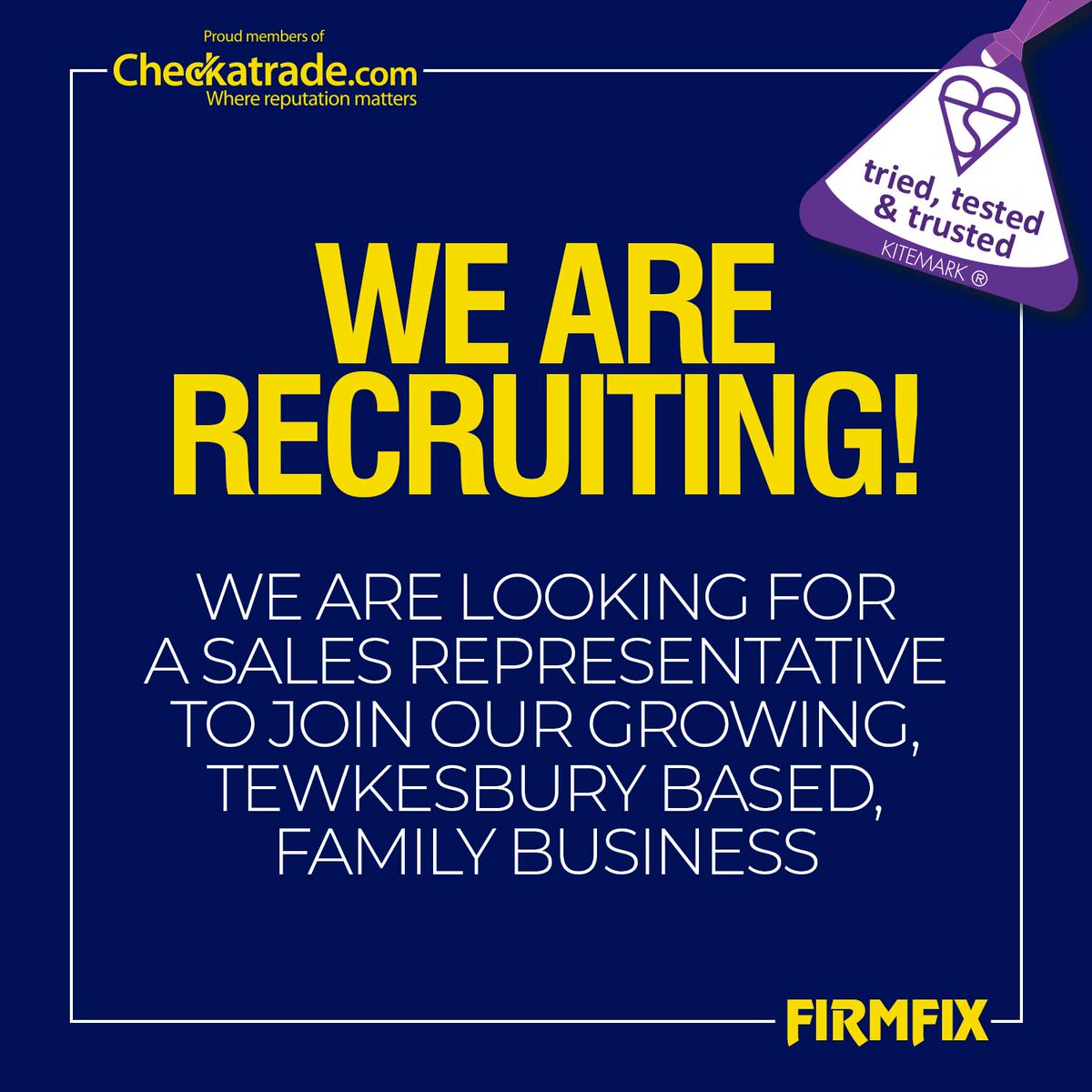 🚨WE ARE RECRUITING!🚨

We are looking for a sales representative to join our growing, Tewkesbury based, family business.

For more information or to apply, visit firmfix.co.uk/career-opportu…

#JobsinTewkesbury #GlosJobs #JobsInGloucestershire
