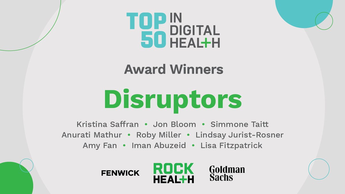 Congrats to our Top 50: Disruptors—leaders whose innovation solutions are already disrupting digital health! @KristinaSaffran, @JonBloomMD, @SimmoneTaitt, @anurati, @robysmiller, Lindsay Jurist-Rosner, Amy Fan, @ImanAbuzeid, + @askdrfitz! 

#Top50inDigitalHealth #10YearsofTop50