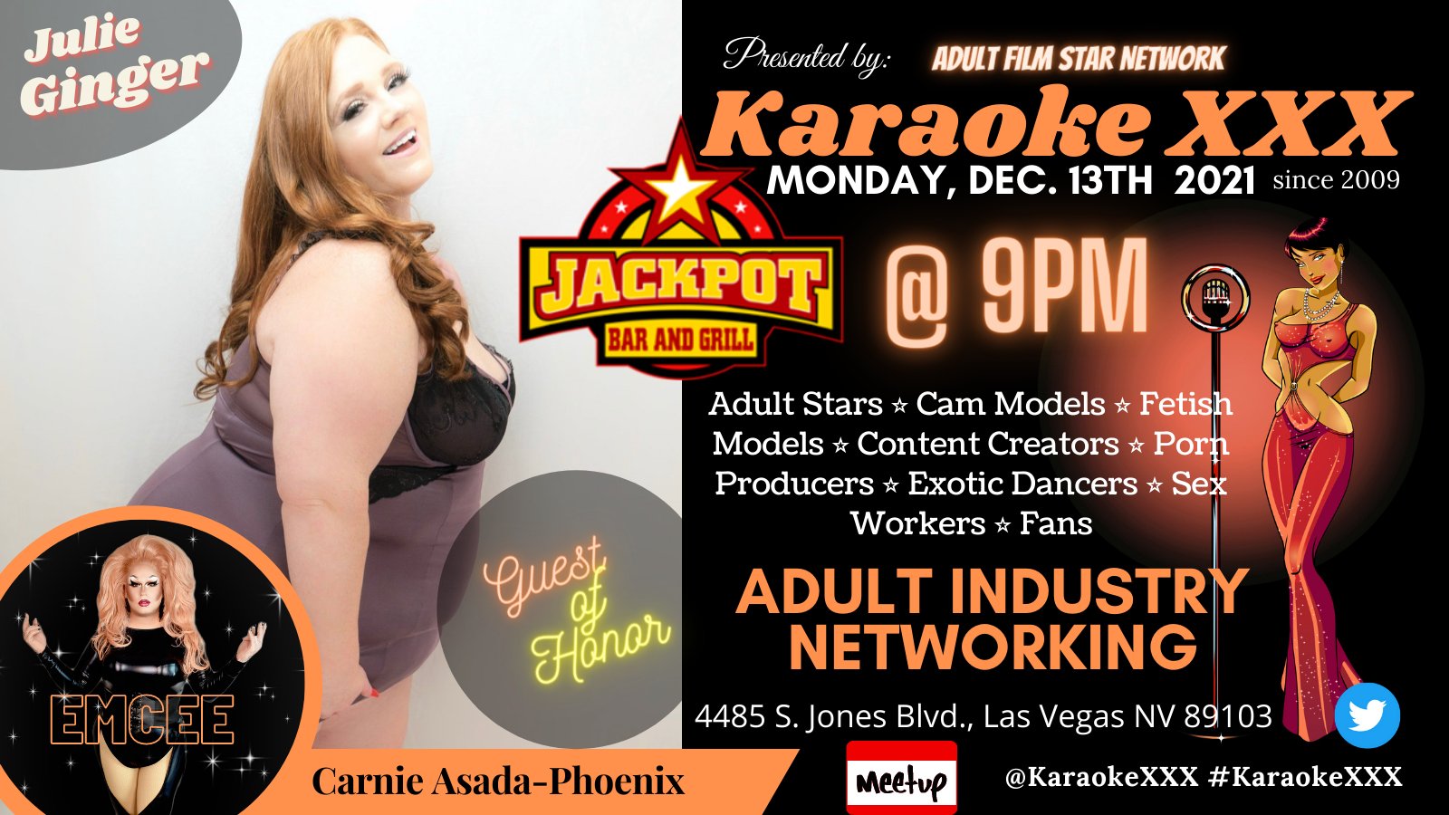Rebecca Love™ 💕 on X: Julie Ginger @BbwJulieGinger1 MONDAY, Dec. 13th  2021 @ 9pm Jackpot Bar & Grill t.cofVPTccPj2H Adult Industry  Networking #karaokexxx MeetUp t.cooXtXFSbTBi ** 4485 S. Jones  BLVD, Las