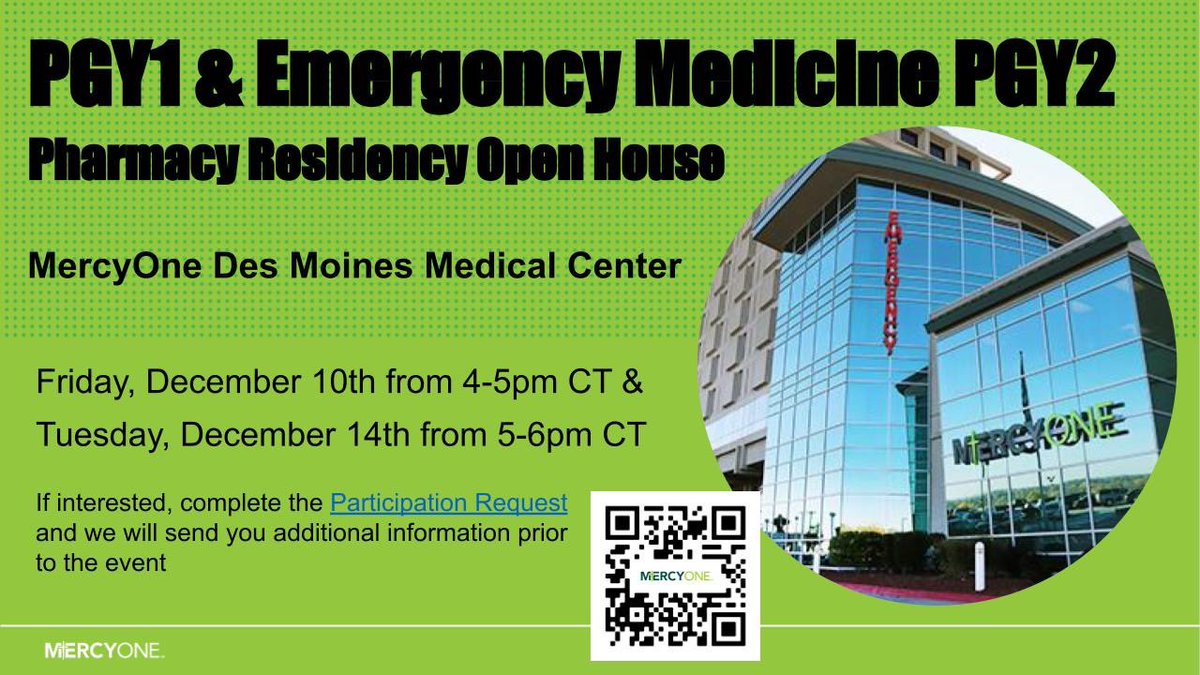 Interested in a PGY1 or Emergency Medicine PGY2 pharmacy residency?

Want to learn what MercyOne has to offer?

If you missed us at #ASHP21 join us at one of our free virtual open house events! 

Register at forms.gle/NwvXqn6Xu5XFiz… or via QR code