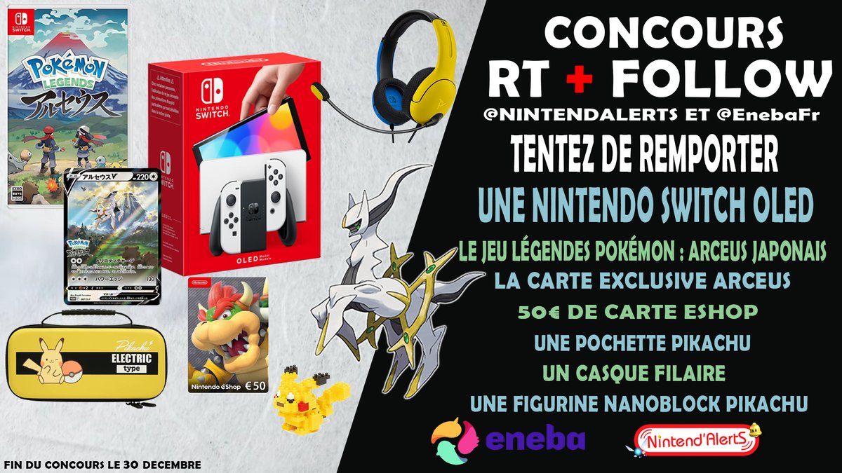 #CONCOURS 🎁un MEGA lot à gagner : -Une Switch OLED -#PokemonLegendsArceus Jap + carte Arceus -eShop 50€ -Pochette #Pikachu -Casque -nanoblock Pikachu Follow @nintendalerts et @EnebaFr, RT ce tweet, augmente tes chances➡️ gleam.io/4bvjY/giveaway… +infos➡️nintendalerts.com/concours-une-s…