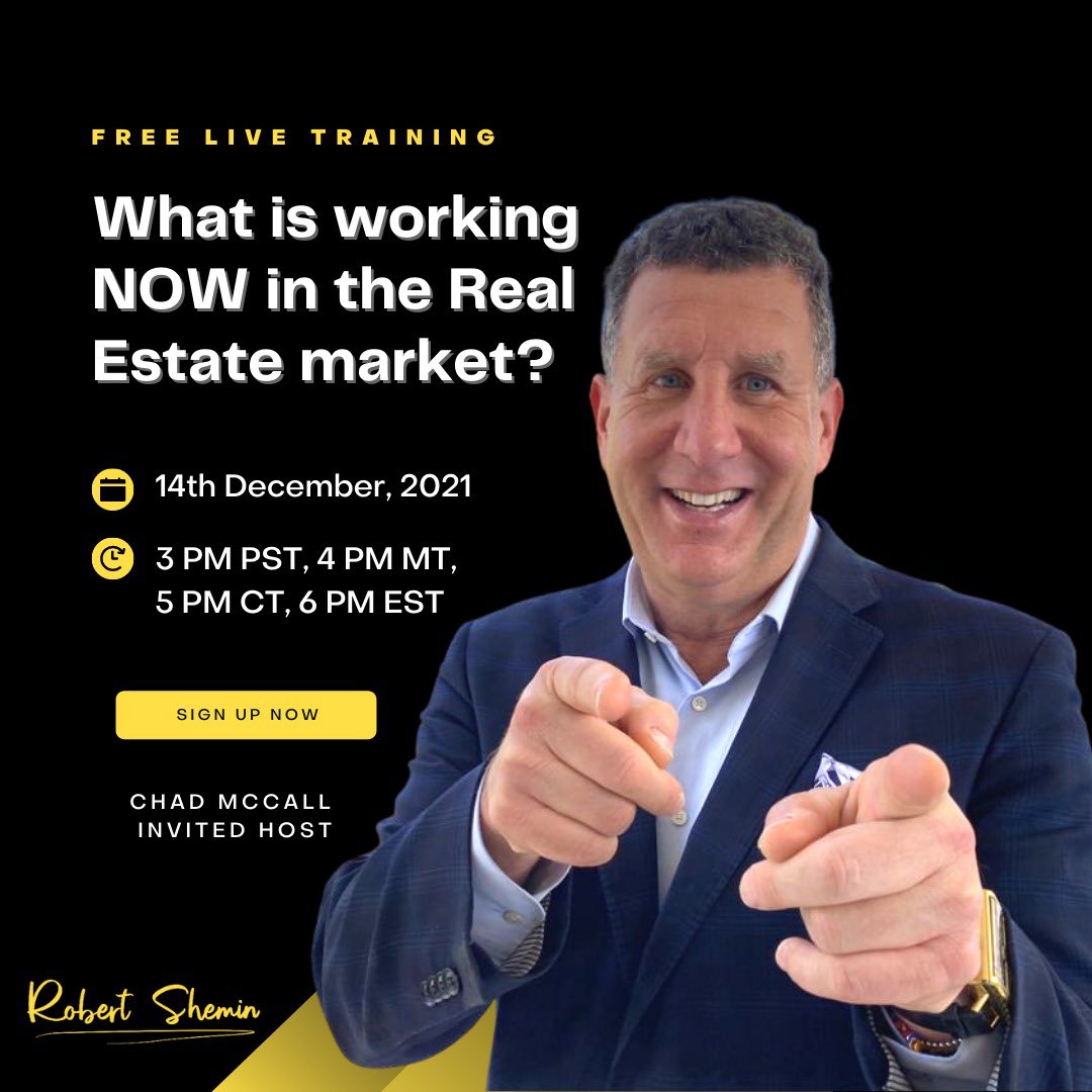 Discover the secrets of what's working best in 2022! You'll see case studies of current Real Estate deals we’ve done this year!

***Training is Tuesday, Dec. 14th,  3pm PST,  4pm MT,  5pm CT, 6pm EST

&gt;&gt;&gt; Register Here: bit.ly/3iAtnIs