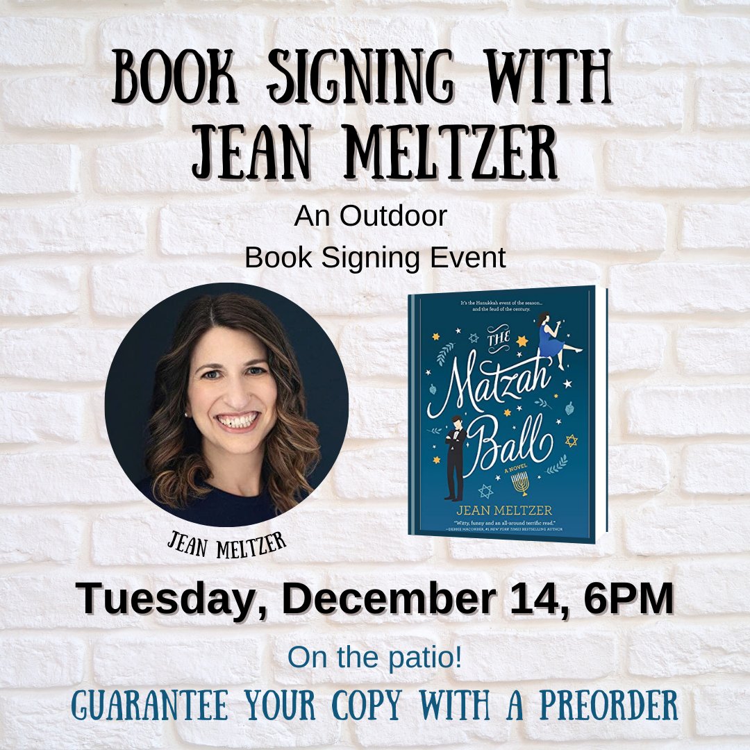 BardsAlley's tweet image. Just one week left until we welcome local author Jean Meltzer to the patio to sign copies of her debut romance, The Matzah Ball! Have you put your copy on hold yet?