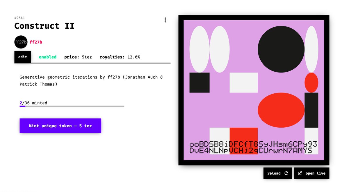 here is the link for Construct II: fxhash.xyz/generative/2541
– 
thanks to <a href="/shinzonoda/">Shinzo Noda</a> and <a href="/davebachinsky/">Dave Bachinsky</a> for the instant purchase 💜🖤❤️