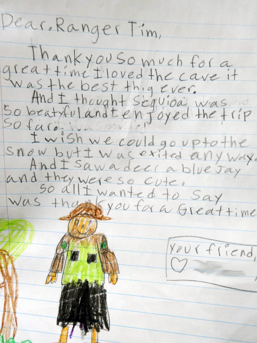 SequoiaKingsNPS's tweet image. Happy #NationalLetterWritingDay! Thought we'd share this wonderful thank you note that Ranger Tim from our education program received from a newly-established park steward after a field trip!