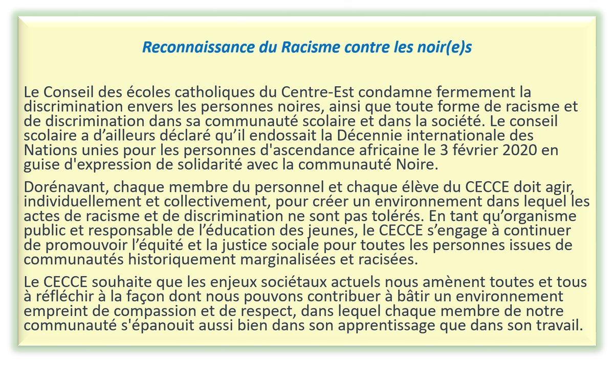 Chef de fil, <a href="/ecolecatholique/">CECCE</a> est le premier conseil scolaire à reconnaitre le #racisme anti noir &amp; toute forme de #discrimination.  #CECCE est déterminé à faire de ses écoles &amp; services, des milieux sécuritaires, accueillants et bienveillants pour toutes et tous. #NonAuRacisme🕊️