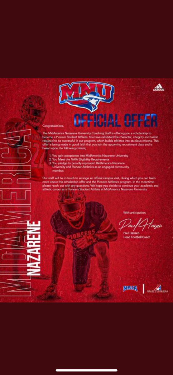 TreCarnes13's tweet photo. Blessed to receive an offer from Mid-America Nazarene. @CoachBenton3 @CoachHansen_ @MNUFootball_ https://t.co/gcBPwM9gVr