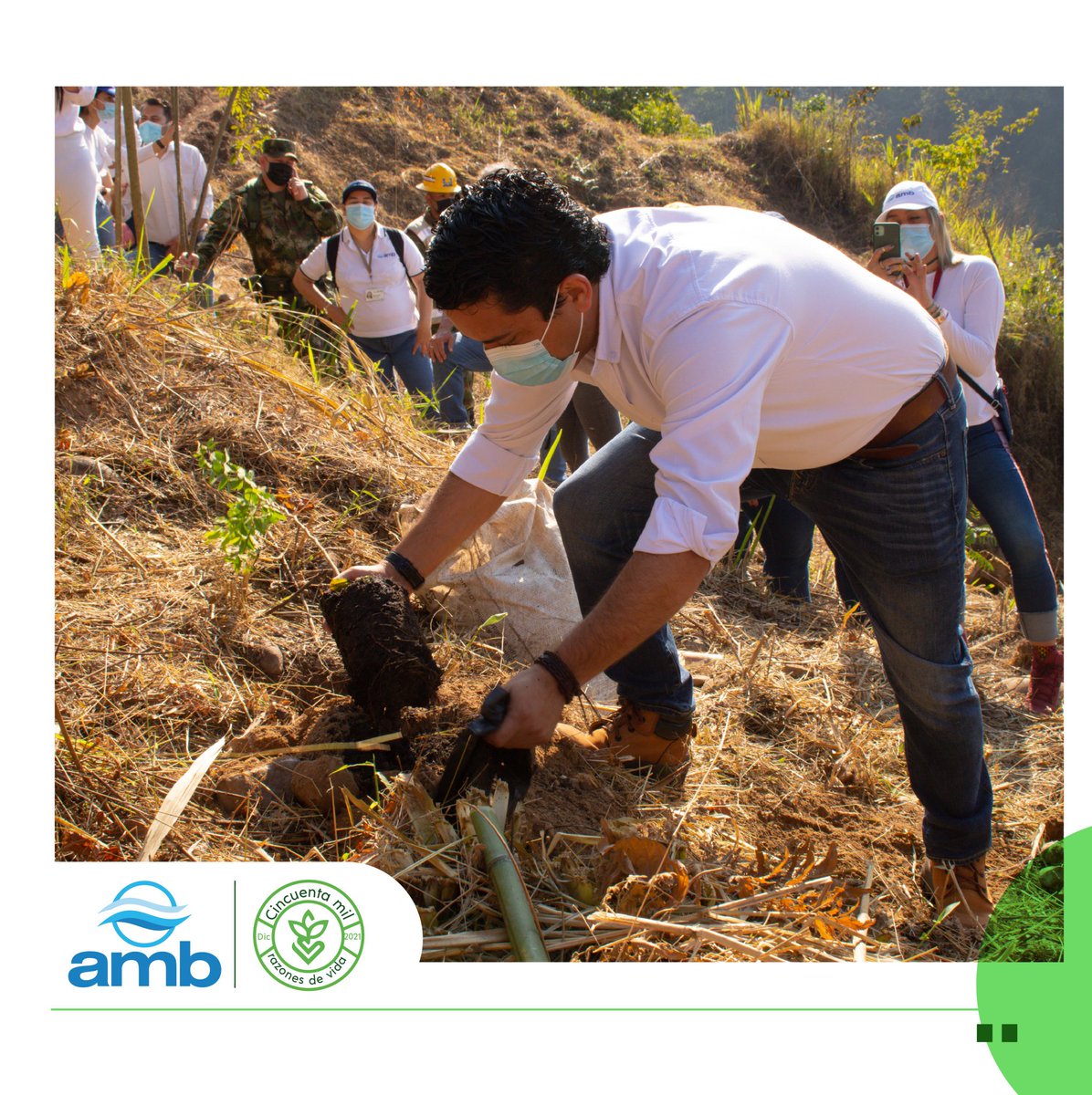 acueductobga's tweet photo. #ambAmbiental 🌱Hoy junto con @AlcaldiaBGA @Invisbu @COL_EJERCITO iniciamos la campaña “50 mil razones de vida”, cuyo propósito es sembrar 50 mil árboles🌳para repoblar zonas deforestadas; y conmemorar así, la vida de quienes han partido por causa de la pandemia de la Covid-19. https://t.co/INsQOpty14