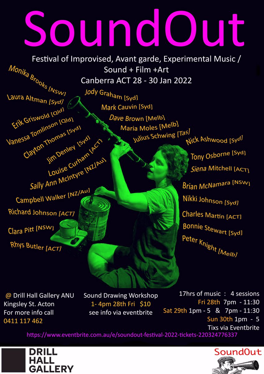 RichardSoundOut's tweet photo. SoundOut 2022  28 - 30 January #freeimprovisation #freejazz #experimentalmusic #experimentalfilm #soundart #Canberra #sounddrawing https://t.co/C3rMFX08Er