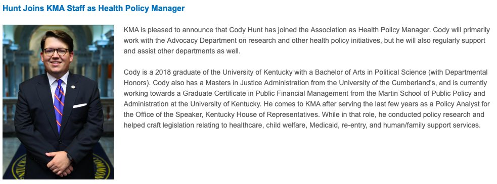 I’m excited to share that I have taken on a new role at the Kentucky Medical Association as the Health Policy Manager. I am looking forward to serving physicians across the Commonwealth, and working to improve health outcomes for all Kentuckians.