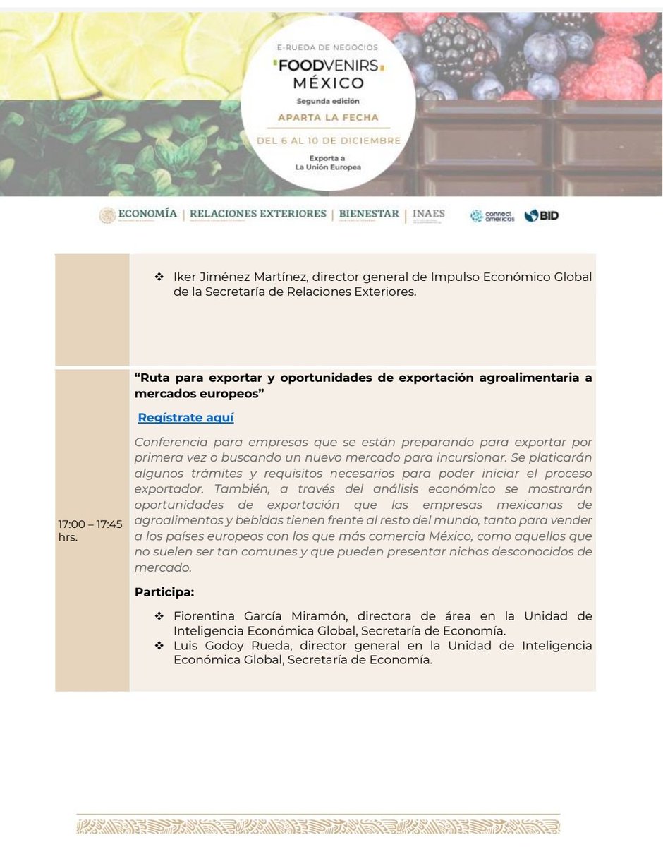 LeonoraTrade's tweet photo. ¡Felicidades! La Unidad de Inteligencia Económica Global de la Secretaría de Economía
@SE_mx #UIEG nos compartió hoy en #Foodvenirs #UniónEuropea las herramientas desarrolladas en México para exportar
https://t.co/dzrFcohMkg
@luisgodoyrueda @PerezBravoA https://t.co/RlCZKGkKQW
