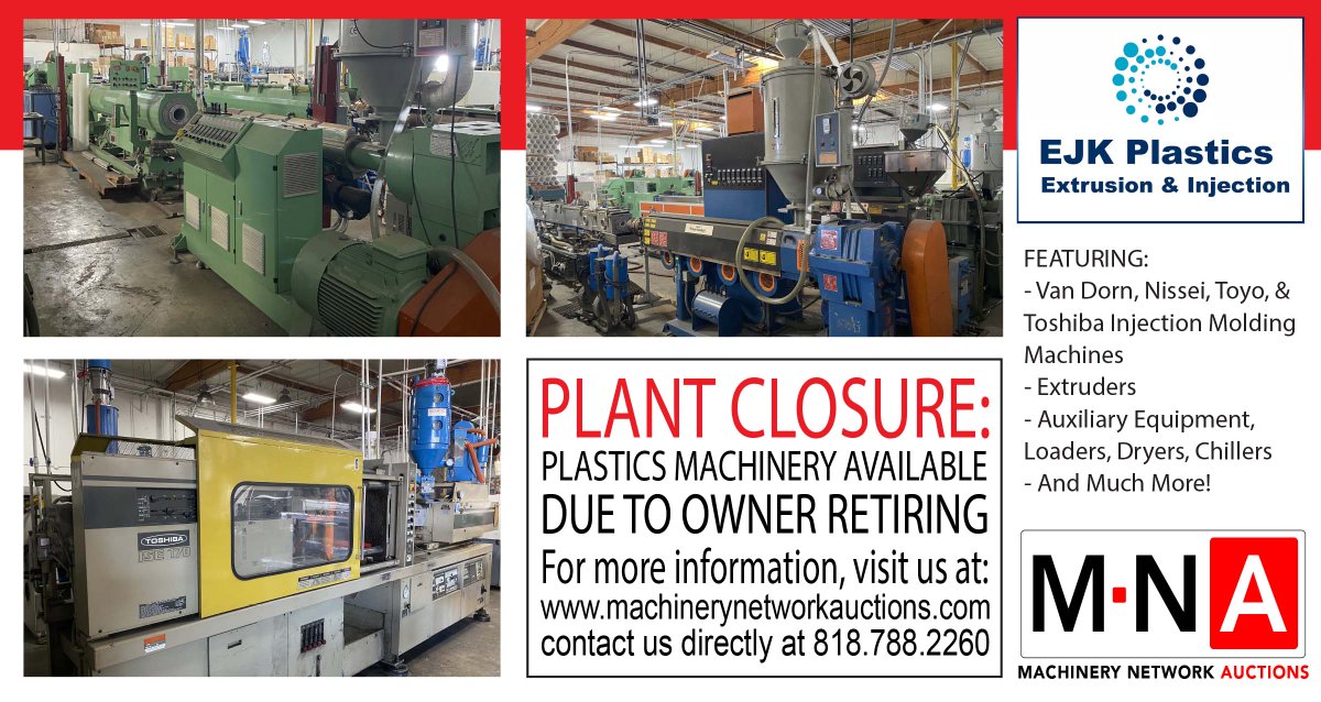 machineauctions's tweet photo. Register Now! Upcoming Plant Closure Auction for Plastic Molded Components. Featuring injection molders from Toshiba, Engel, and Arburg! 

For a complete details please visit this link: https://t.co/xoasQVkNmz

#plastics #plasticmolding #injectionmolding #plasticinjection https://t.co/L62vs8wPgA