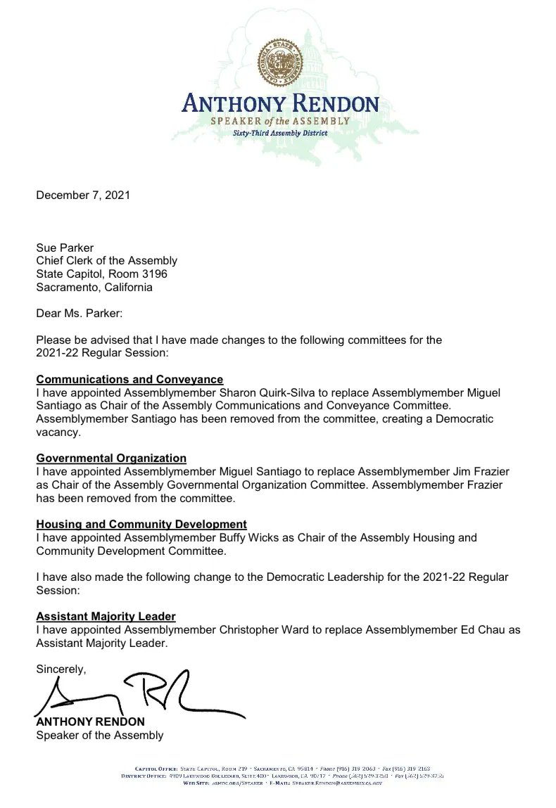 RendonAnthony's tweet image. Today I’m announcing changes in Assembly committees &amp;amp; leadership. 

@QuirkSilva65th - Chair of Comms &amp;amp; Conveyance

@SantiagoAD53 - Chair of Governmental Organization

@BuffyWicks - Chair of Housing &amp;amp; Community Development

@AsmChrisWard - Assistant Majority Leader