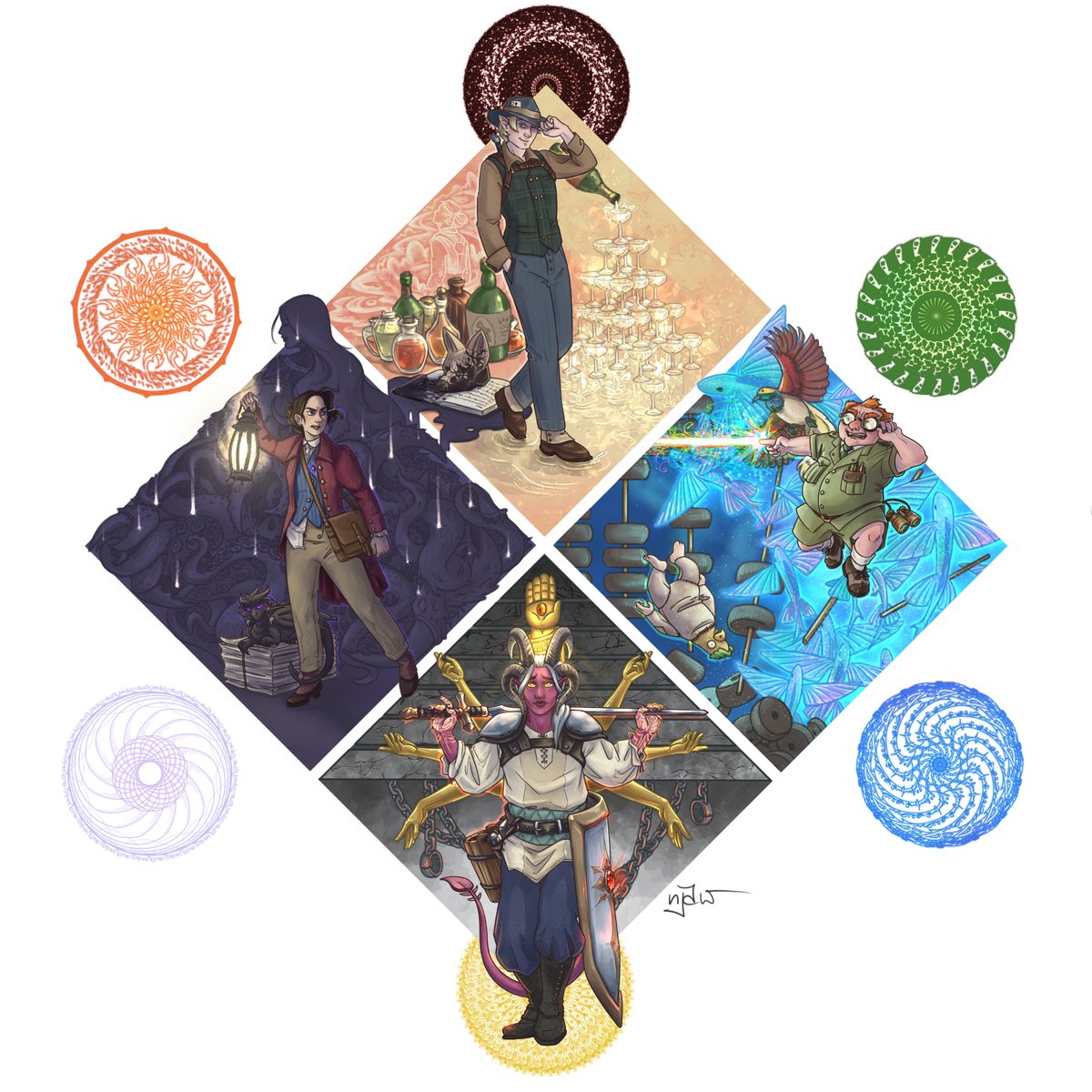 AAAAA it's finally done! 😄😄😄 Portrait set of the PCs in the Jurassic #dnd game I'm DMing 💖