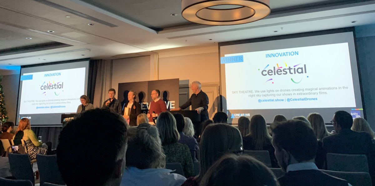 AnitaTaylor_'s tweet photo. So many congratulations to @CelestialDrones on their highly deserved wins in the Start Up Award &amp; Innovation Award of the 2021 #CreativeBathAwards! Great to see Prof Anthony Head of @DJCAD up on the stage with the #Celestial team! #CelestialDrones #DundeeUni #DJCAD3DVisLab https://t.co/EdZQeQ9b8b