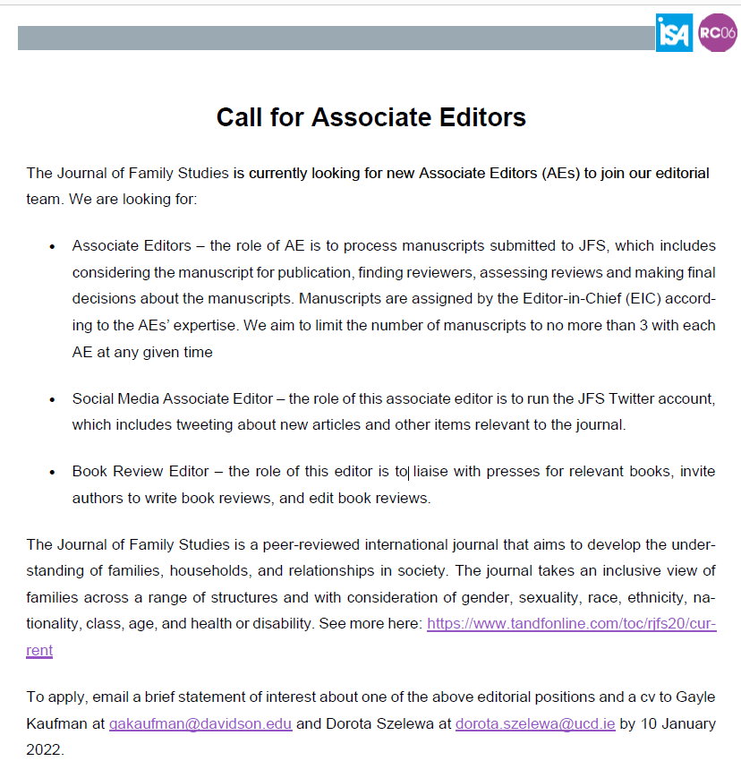 Journal of Family Studies is looking for Associate Editors esp scholars who would contribute to diversity (inc gender, sexuality, race, ethnicity, nationality, disability) of this international journal. DM or email me. Please share widely! #SocTwitter #AcademicTwitter