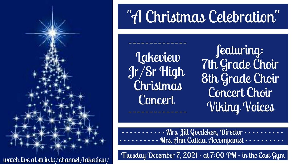 Make sure to tune into the Lakeview Jr. and Sr. High Christmas Concert tonight starting at 7 pm on our <a href="/StrivTV/">Striv TV</a> channel!🎤
#lakeviewvikes 

striv.tv/channel/lakevi…